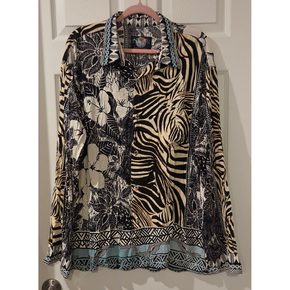 Jams World Zebiscus Mens XL Long Sleeve Rayon Hawaiian Shirt Zebra Floral Print